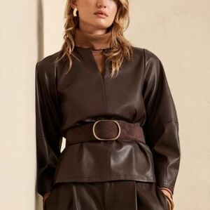 Banana Republic Casale Vegan Leather Belted 3/4 Sleeve Top in Cocoa Brown
